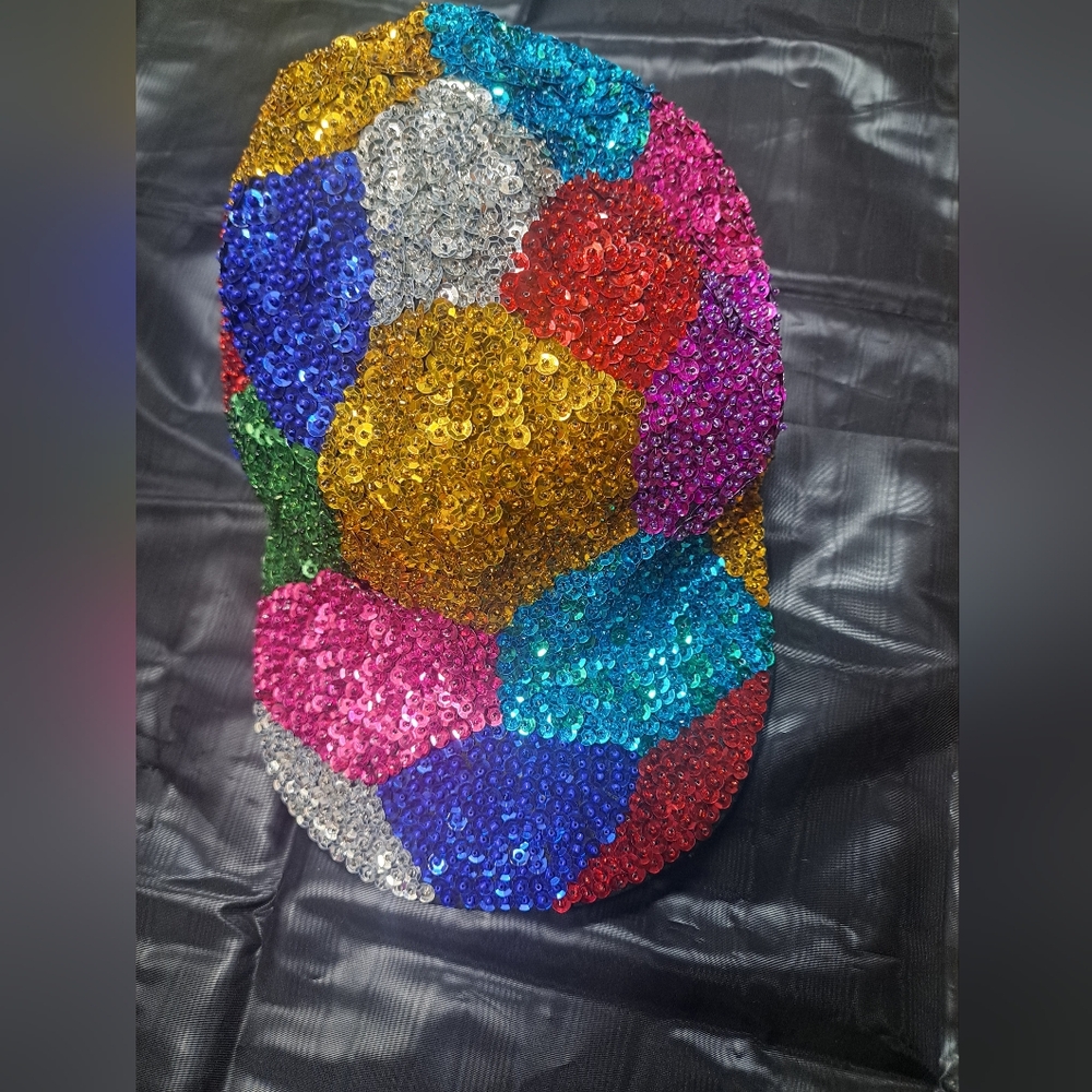 Multi Colored Allover Sequined hat Geometric Stai… - image 1